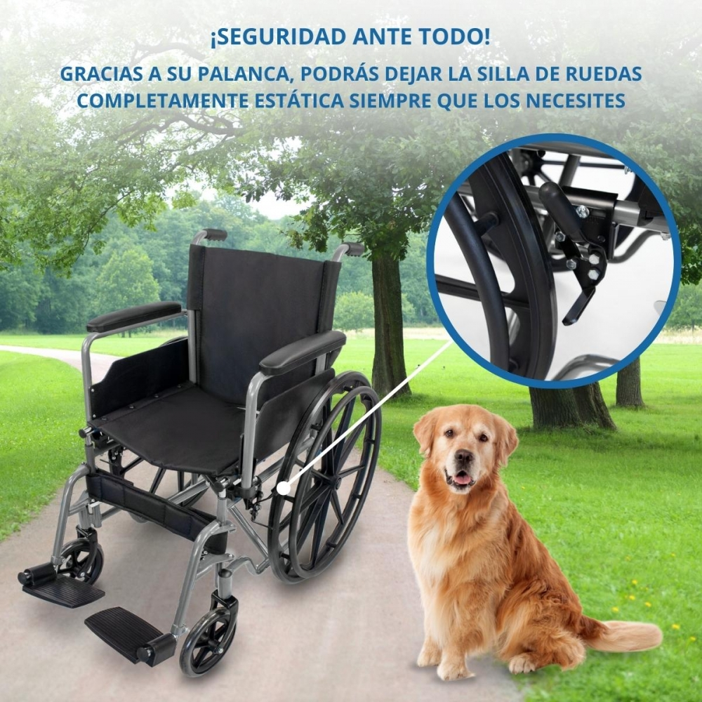 Una silla de ruedas en un camino, un perro a su lado. Primer plano de freno.