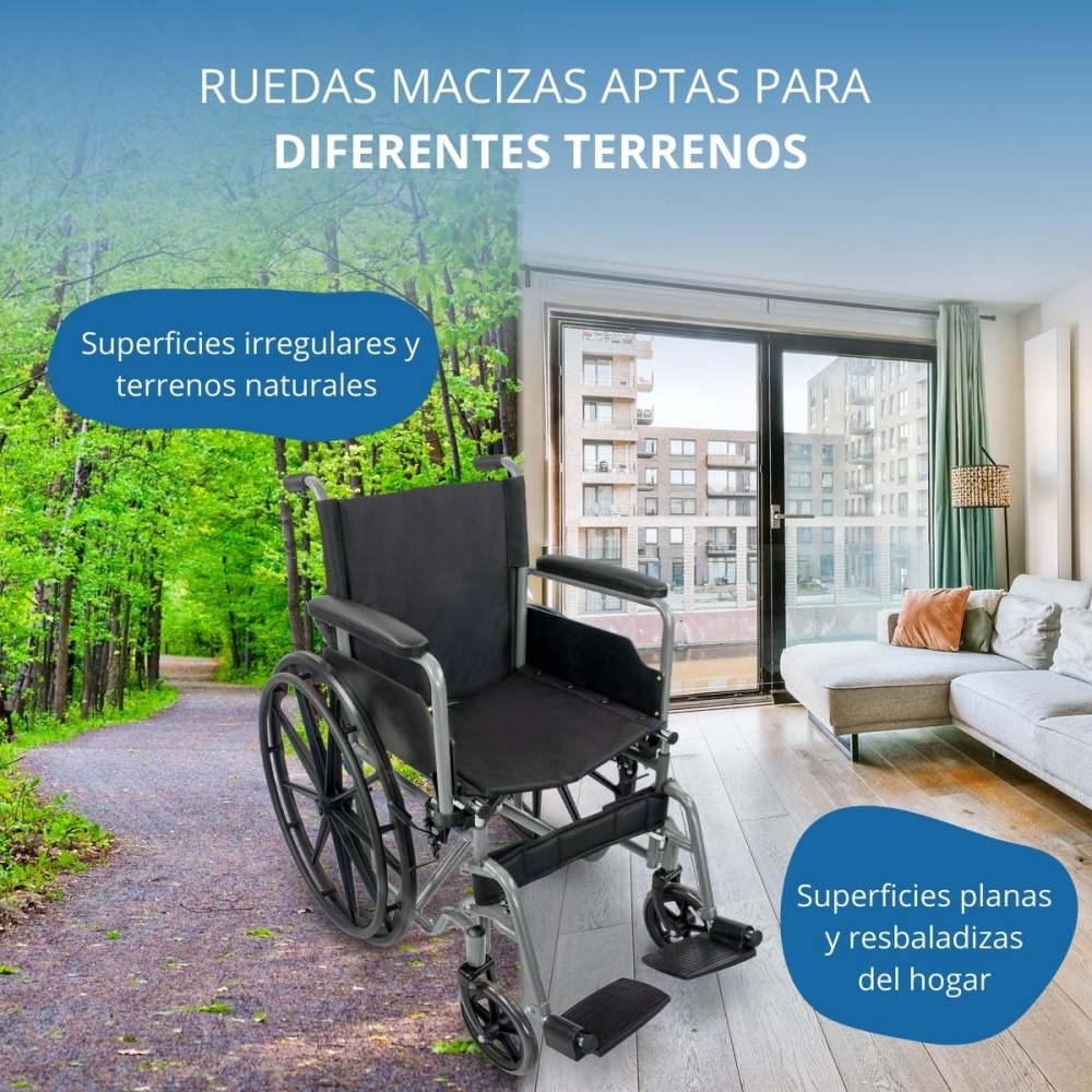 Una silla de ruedas en un camino natural y en una sala de estar.