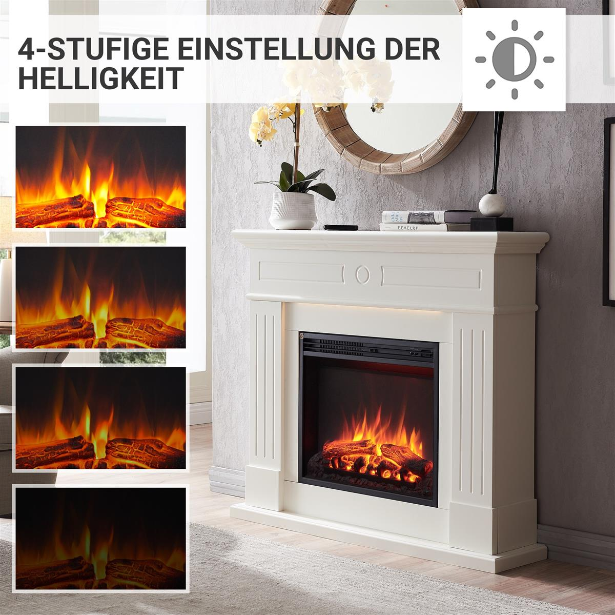 Ein weißer Kamin mit Flammen und Holzscheiten, vier Stufen der Helligkeit.