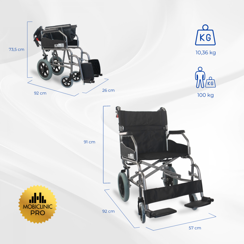 Una silla de ruedas negra con dimensiones y especificaciones de peso.