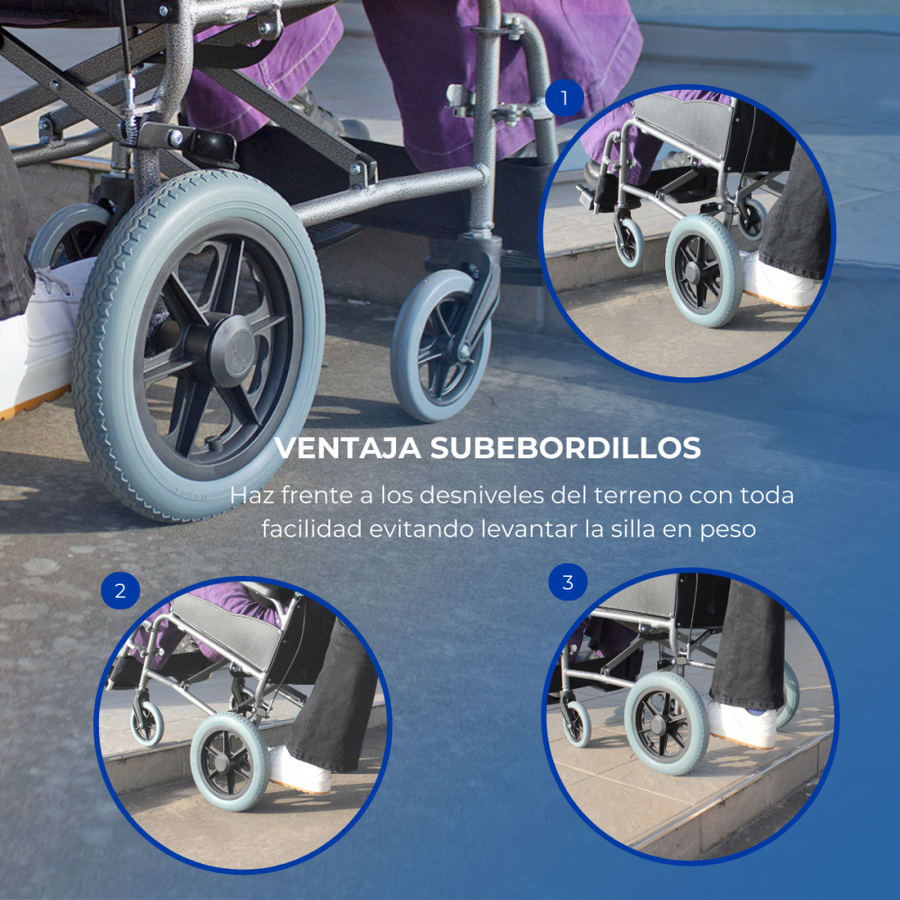 Silla de ruedas supera bordillos con ruedas y técnica de palanca.