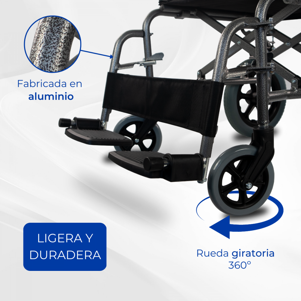 Primer plano de una silla de ruedas ligera de aluminio, mostrando ruedas giratorias.