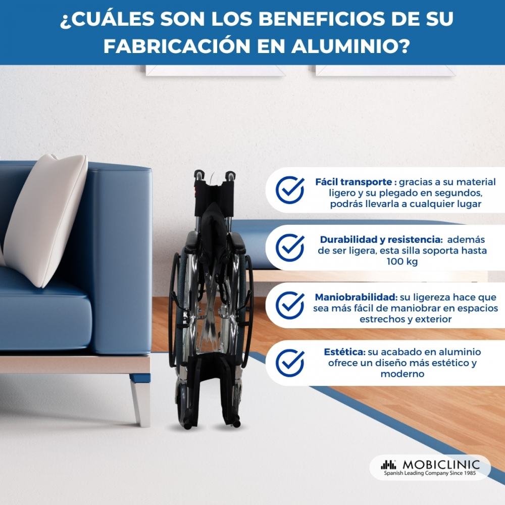Un sillón de ruedas plegado junto a un sofá azul. Se enumeran los beneficios.