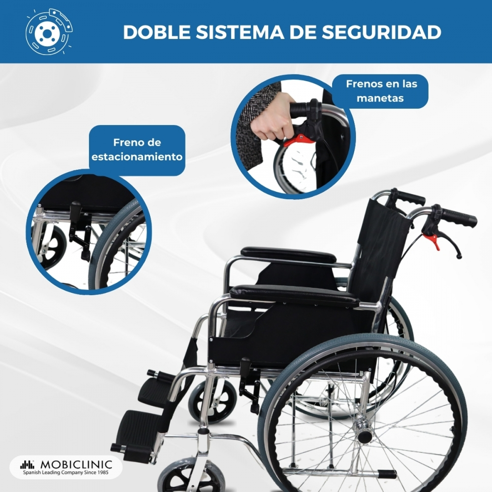 Silla de ruedas con doble sistema de frenado: freno de mano y estacionamiento.