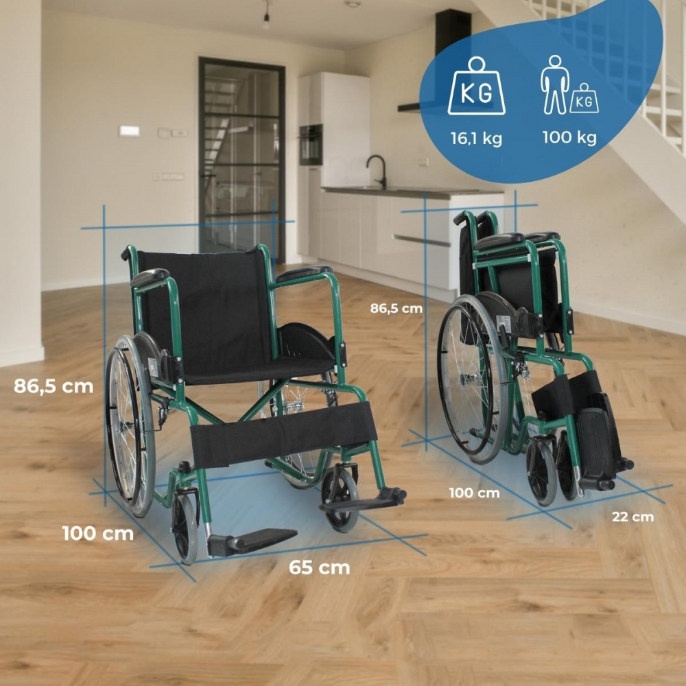 Dos sillas de ruedas verdes, una desplegada, una plegada, con dimensiones.