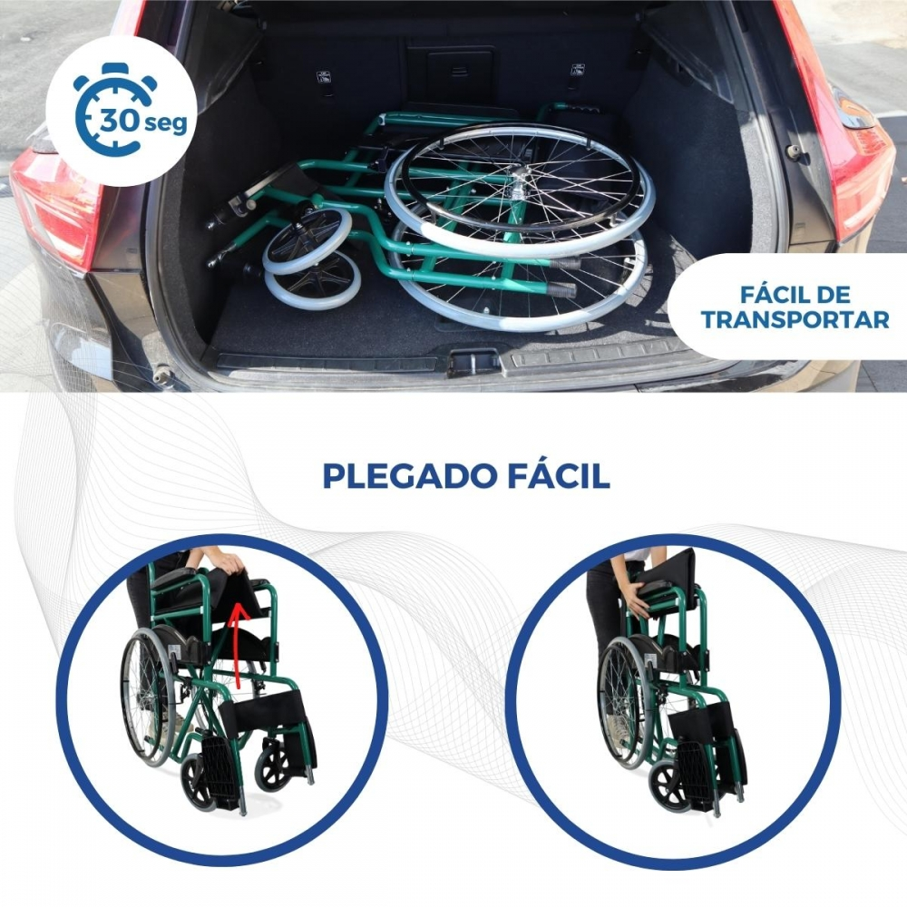 Una silla de ruedas verde se pliega dentro del maletero de un coche.