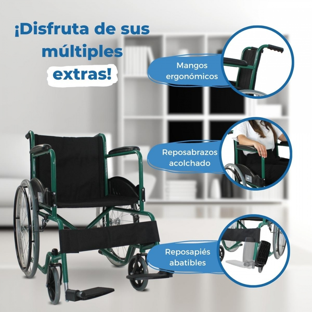 Una silla de ruedas verde con reposabrazos y reposapiés.