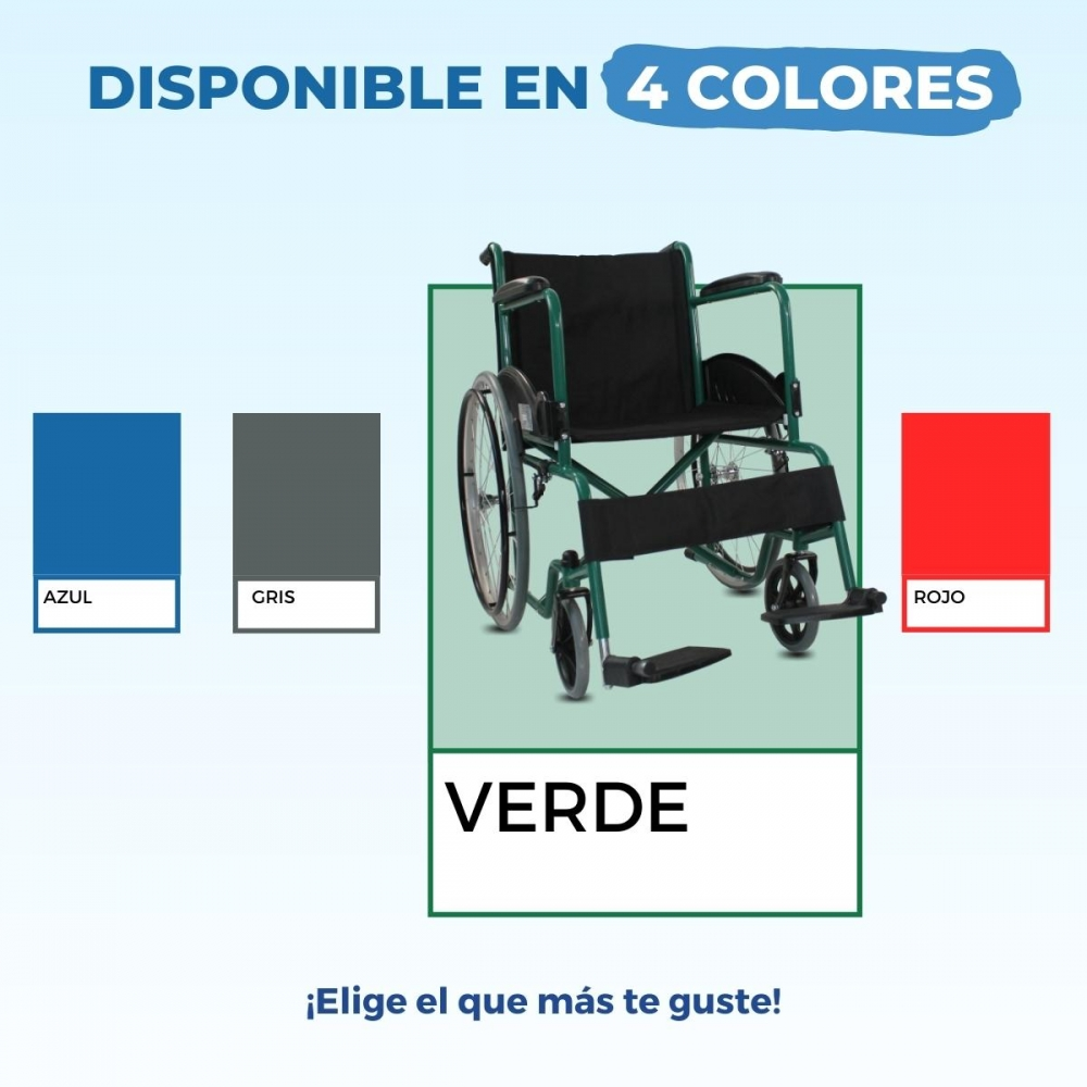 Una silla de ruedas verde con tapicería negra, rodeada de muestras de color.