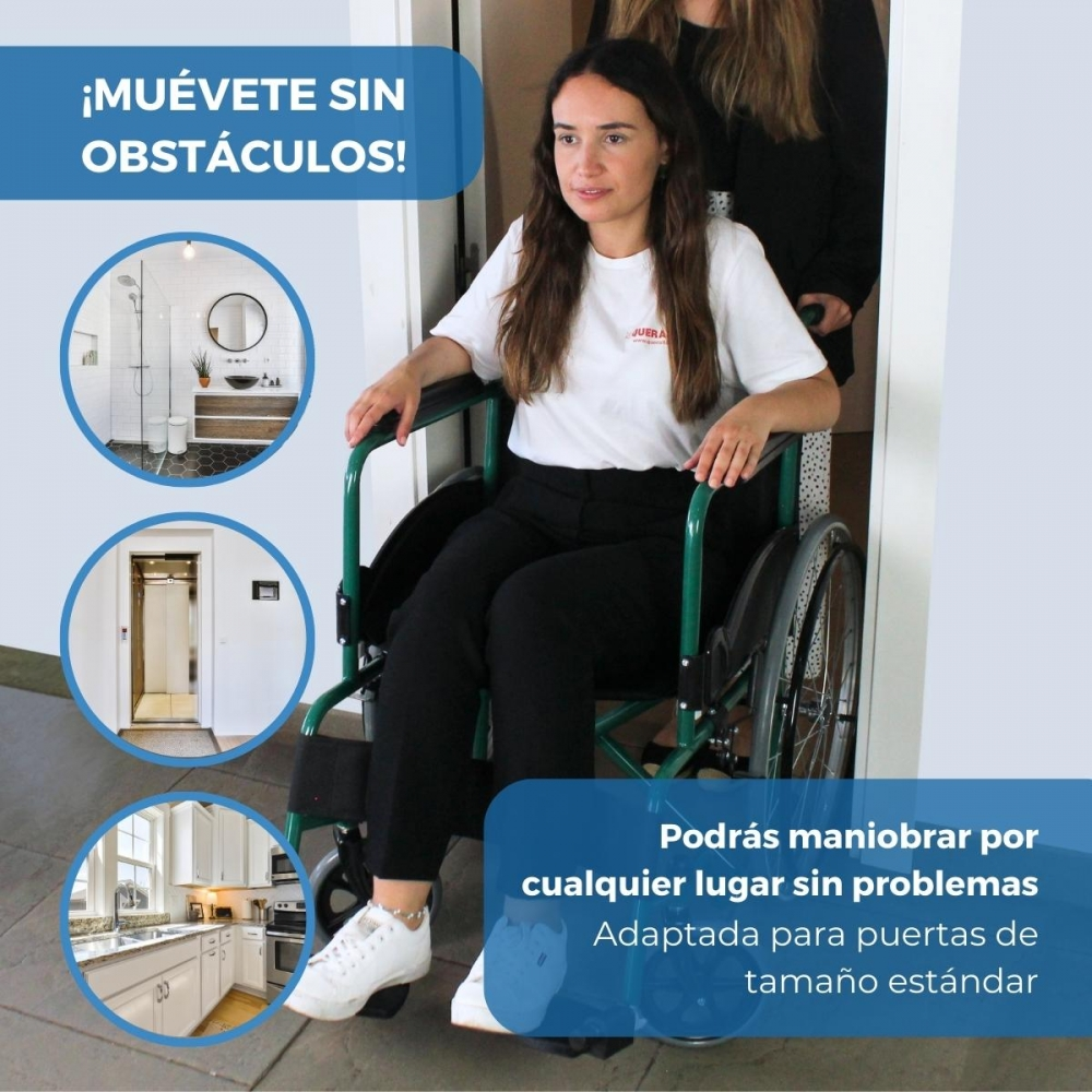 Mujer en silla de ruedas es empujada. Imágenes de baño, ascensor y cocina.