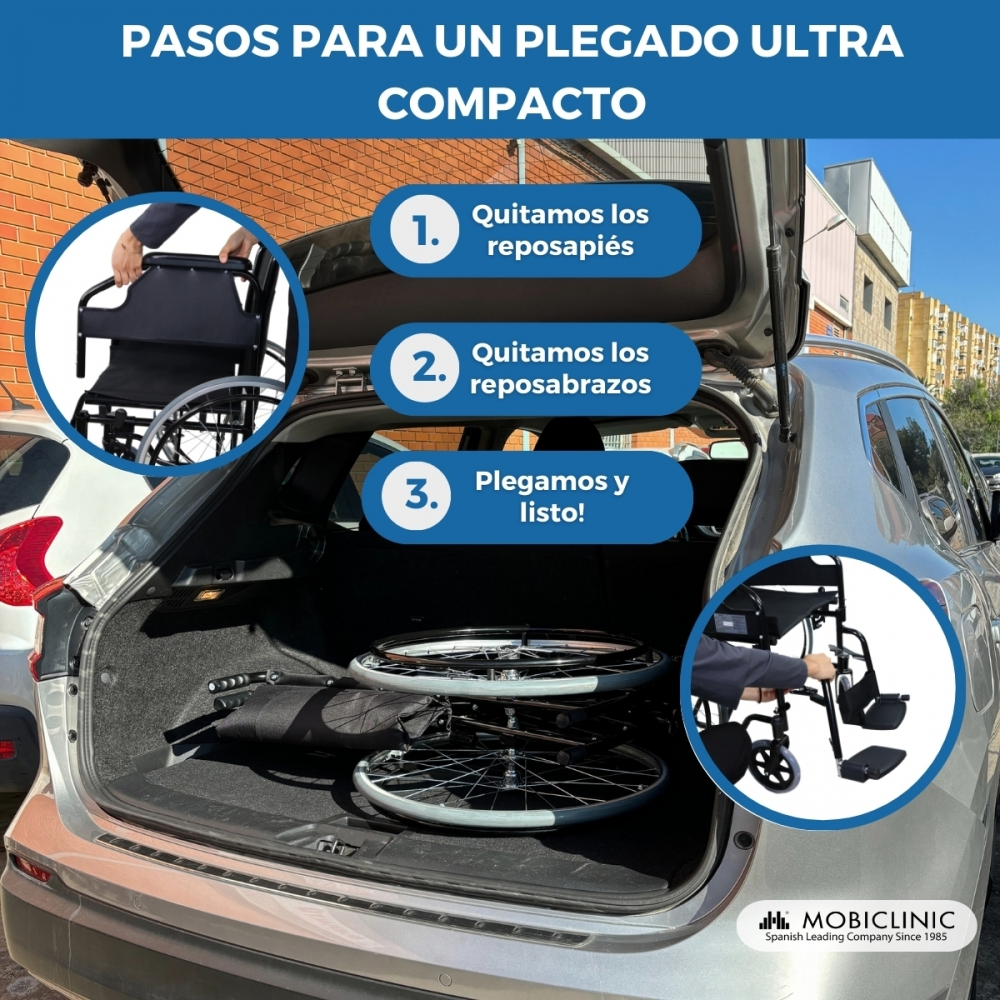 Pasos para plegar una silla de ruedas para el maletero de un coche.
