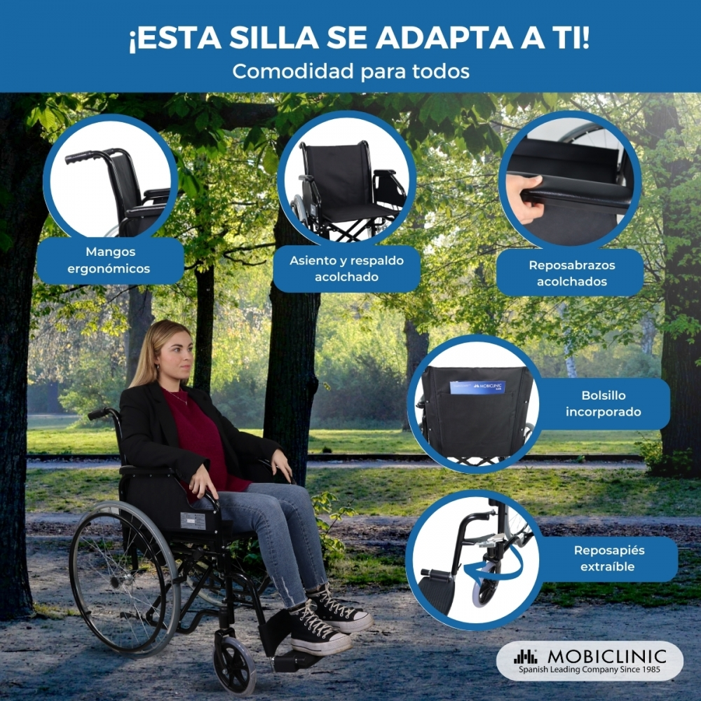 Mujer en silla de ruedas al aire libre, detalles de mangos, asiento, reposabrazos, bolsillo y reposapiés.