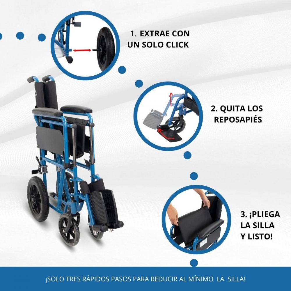 Instrucciones silla de ruedas plegable azul: quitar rueda, desmontar reposapiés, plegar.