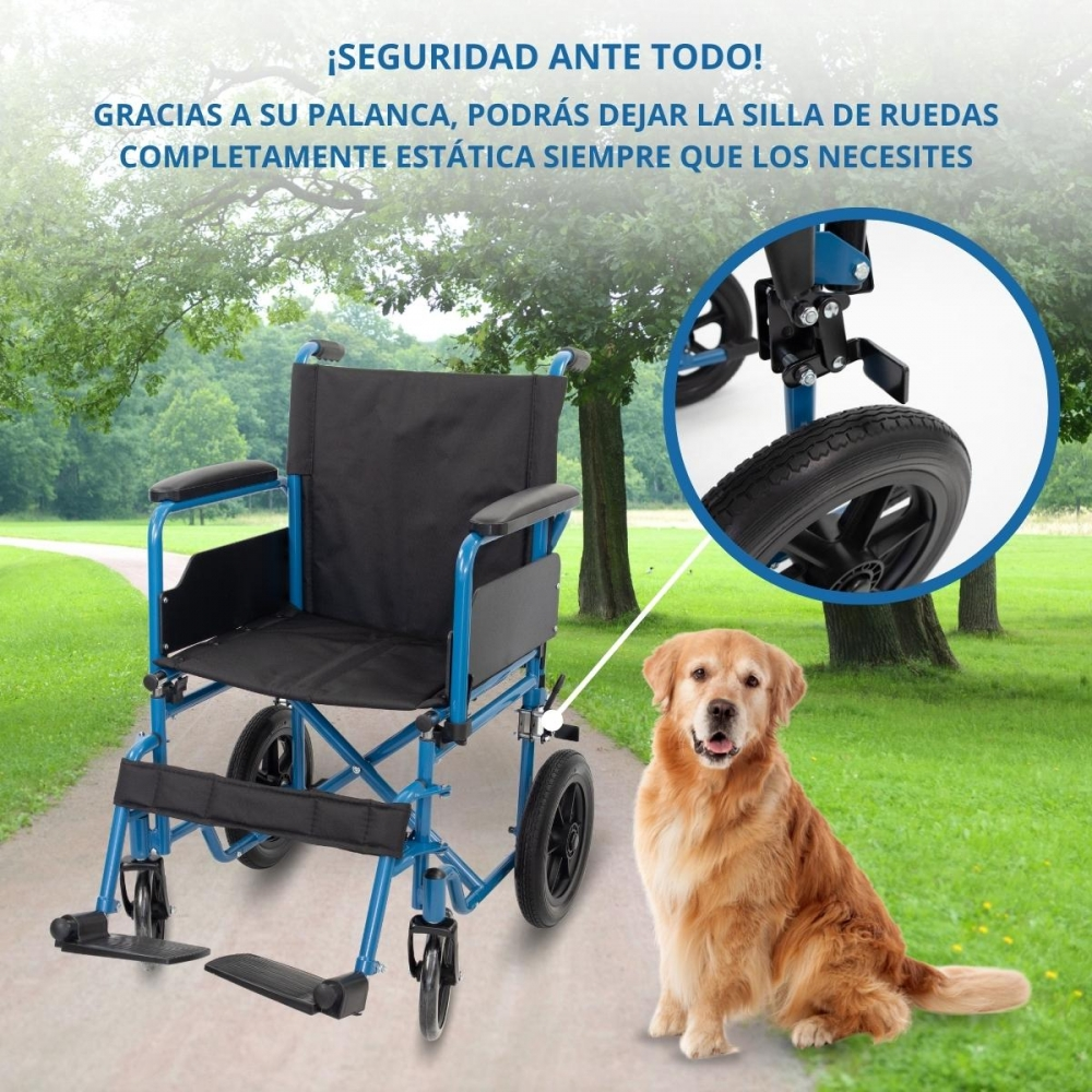 Una silla de ruedas azul en un camino con un Golden Retriever sentado al lado.