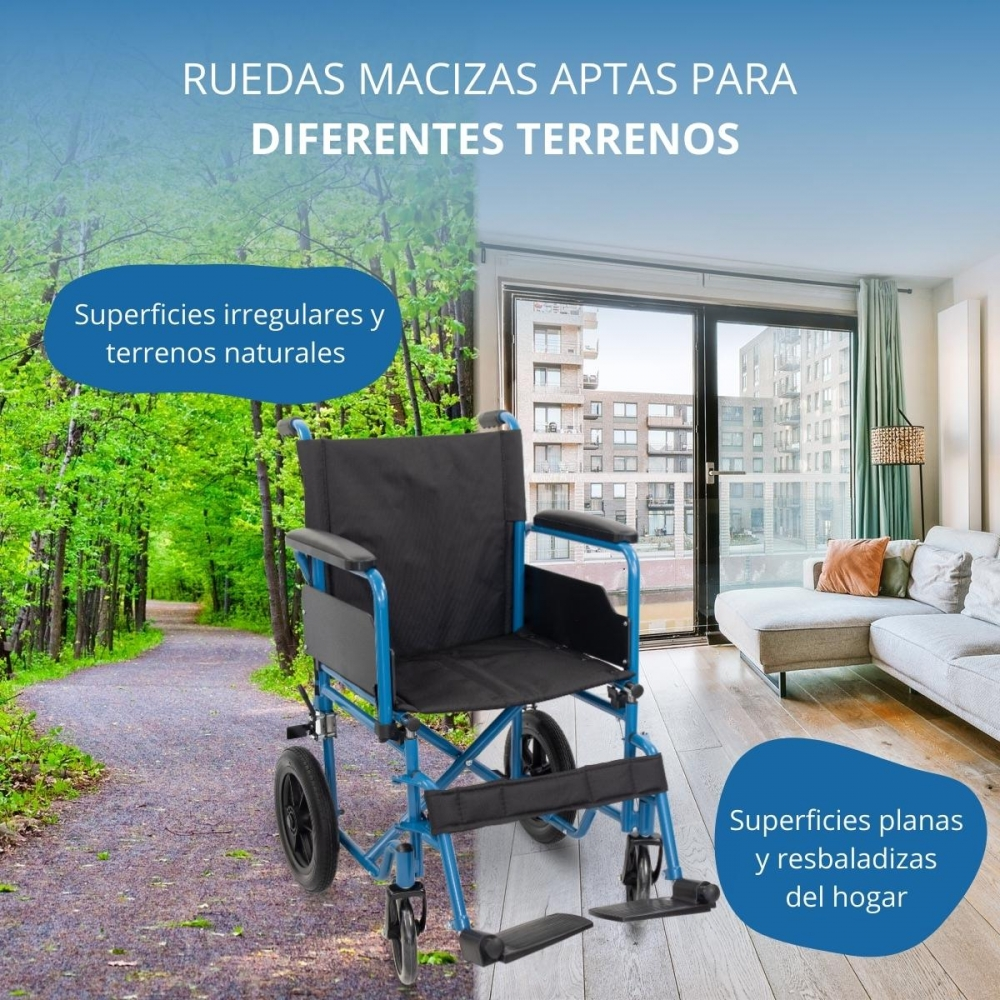 Una silla de ruedas azul en un camino del bosque y en un salón.