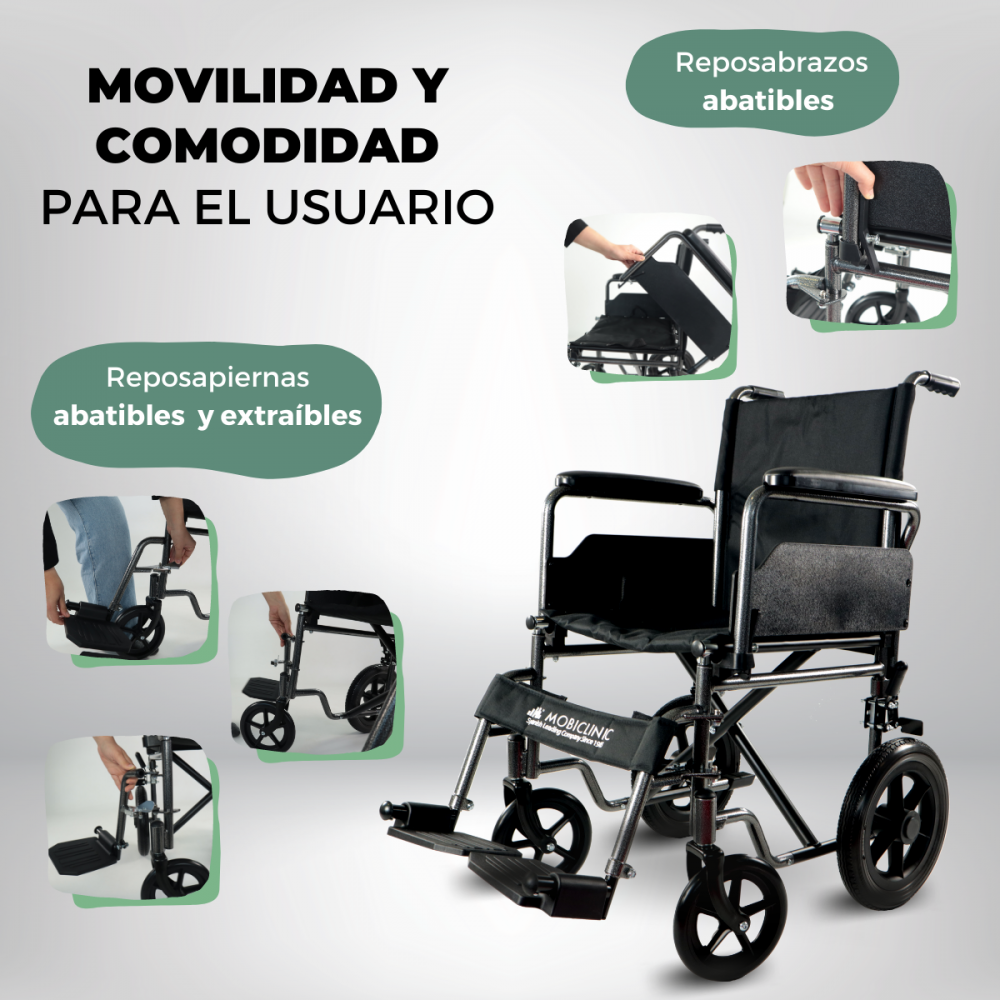 Un sillón de ruedas negro con reposabrazos y reposapiés abatibles.