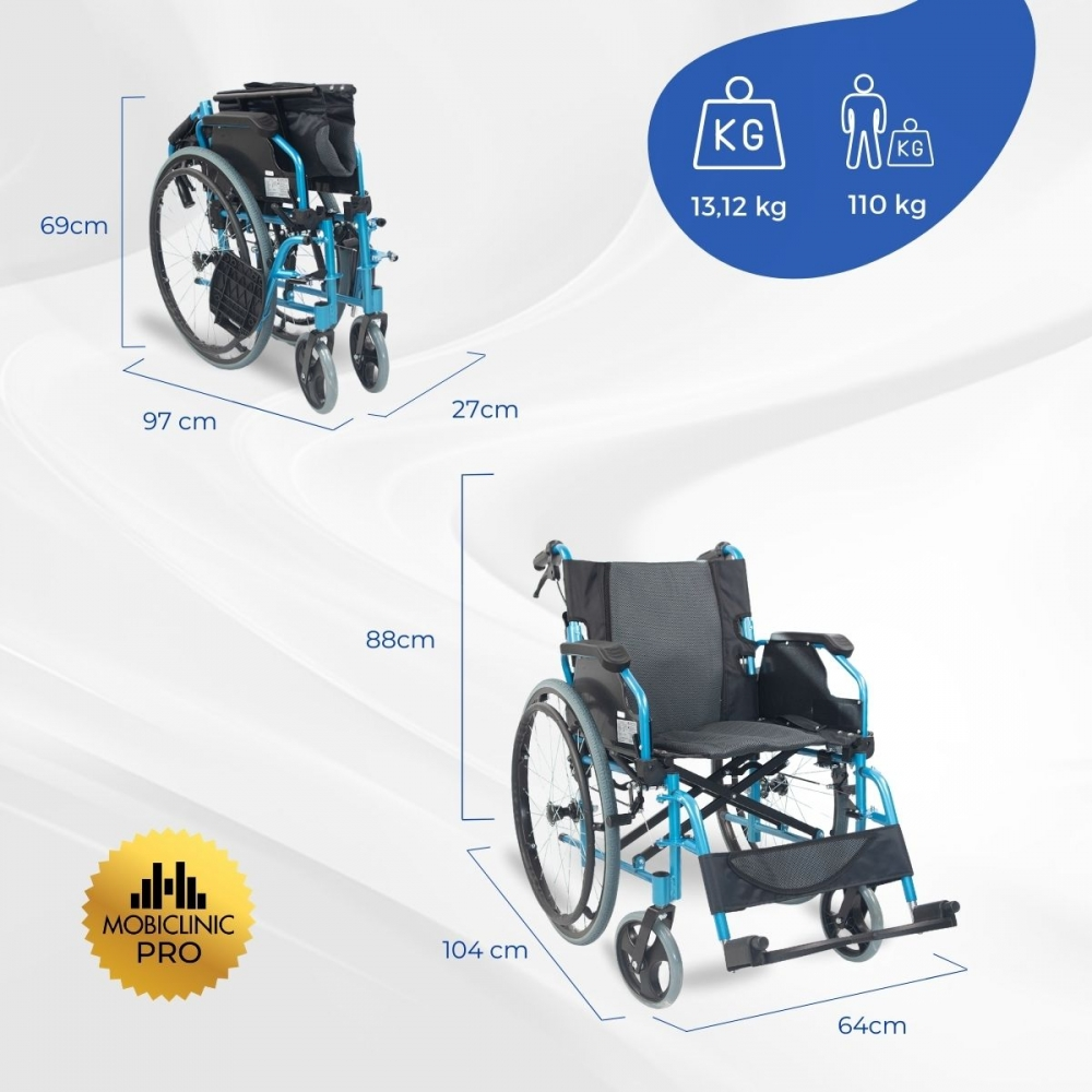 Silla de ruedas azul, plegada y desplegada, con dimensiones e indicaciones de peso.