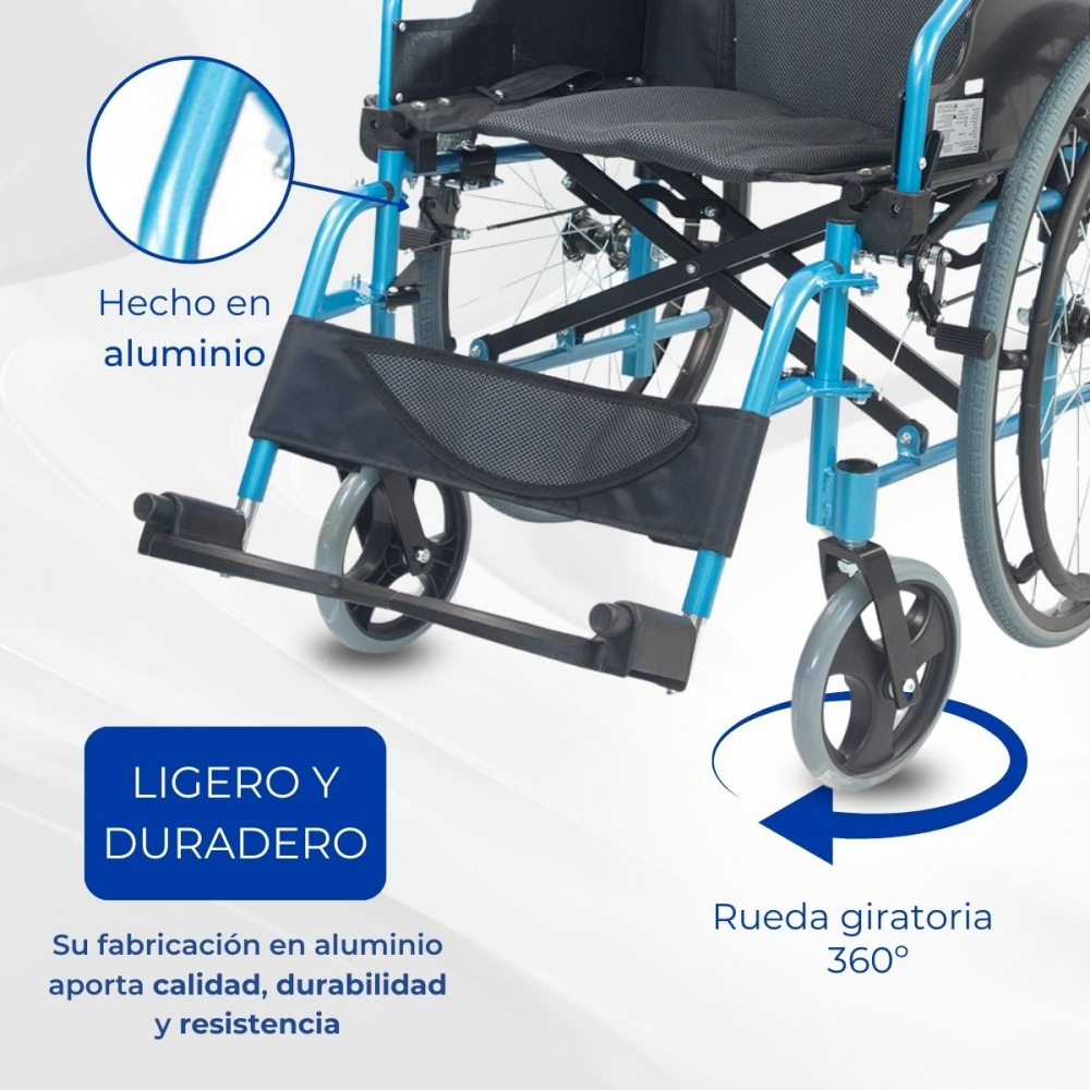 Ligero sillón de ruedas azul de aluminio con ruedas giratorias 360°.