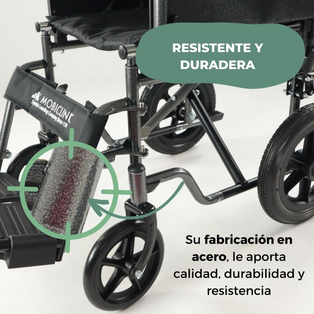 Primer plano de una silla de ruedas destacando su durabilidad y acero.