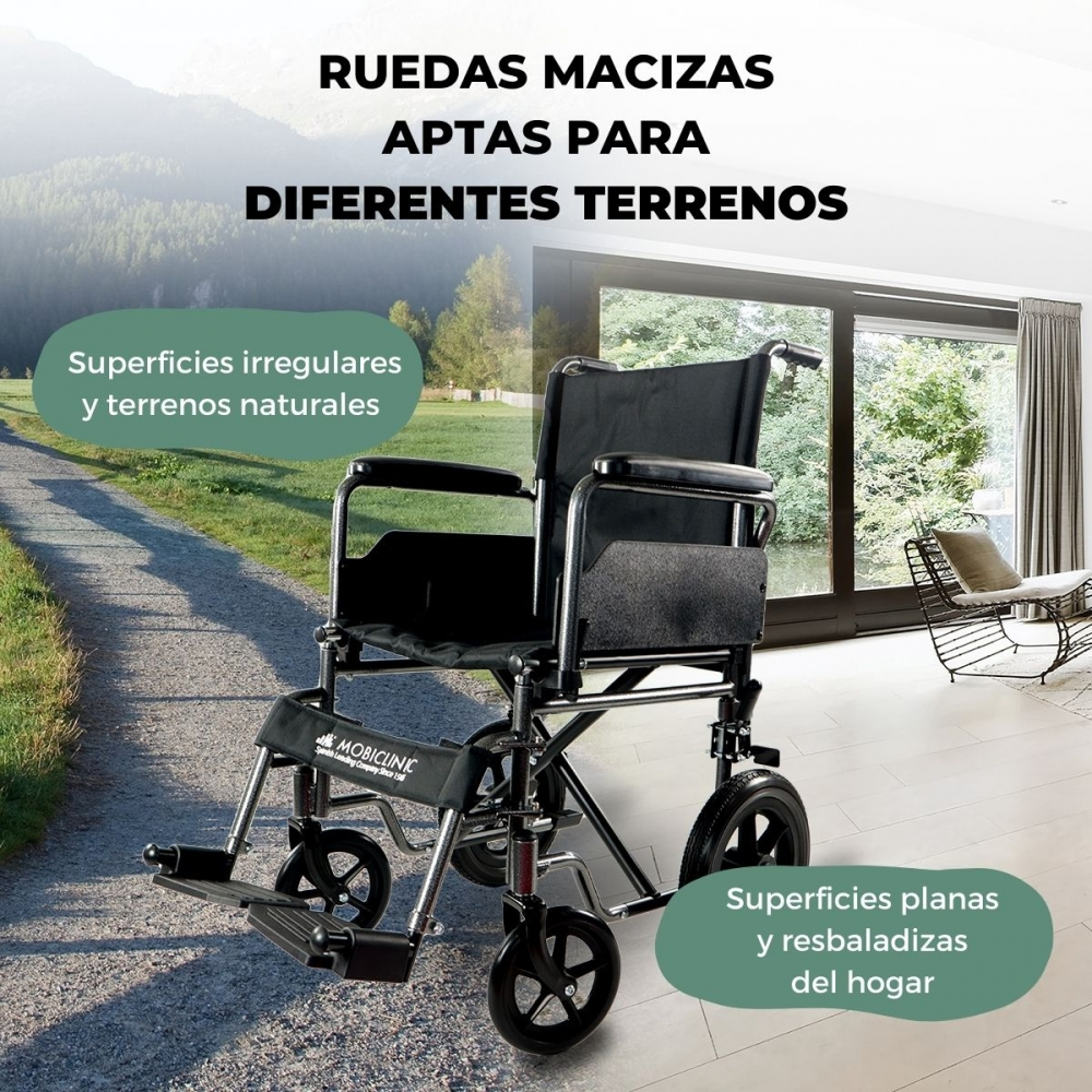 Una silla de ruedas negra en un camino, con texto sobre diferentes terrenos.