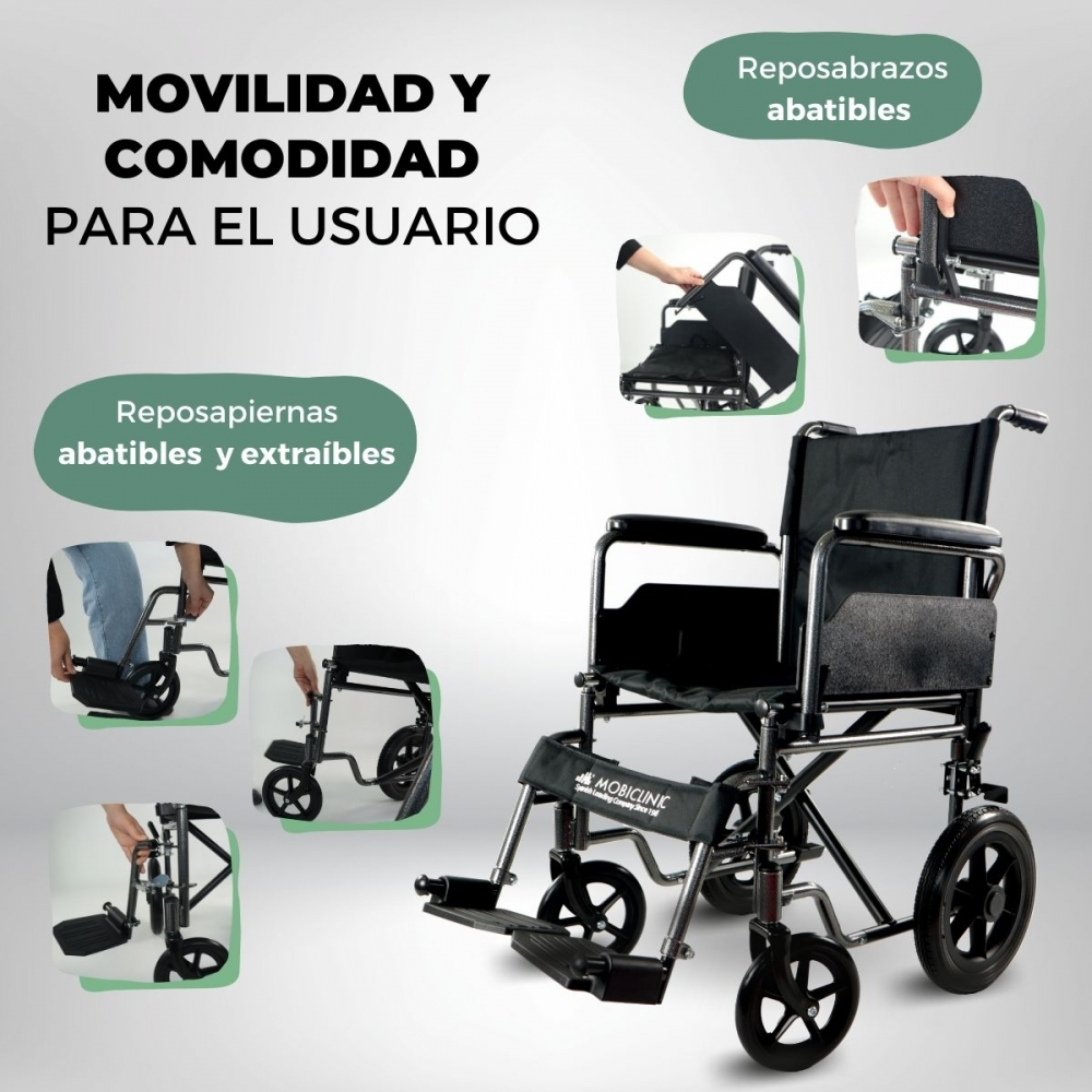 Una silla de ruedas negra con reposabrazos y reposapiés abatibles, promoviendo movilidad y confort.
