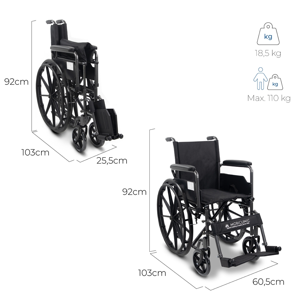 Dos sillas de ruedas con dimensiones: 92x103x25,5cm y 92x103x60,5cm.