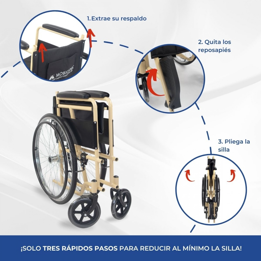 Se muestra un sillón de ruedas beige siendo plegado. Los pasos se ilustran con flechas.