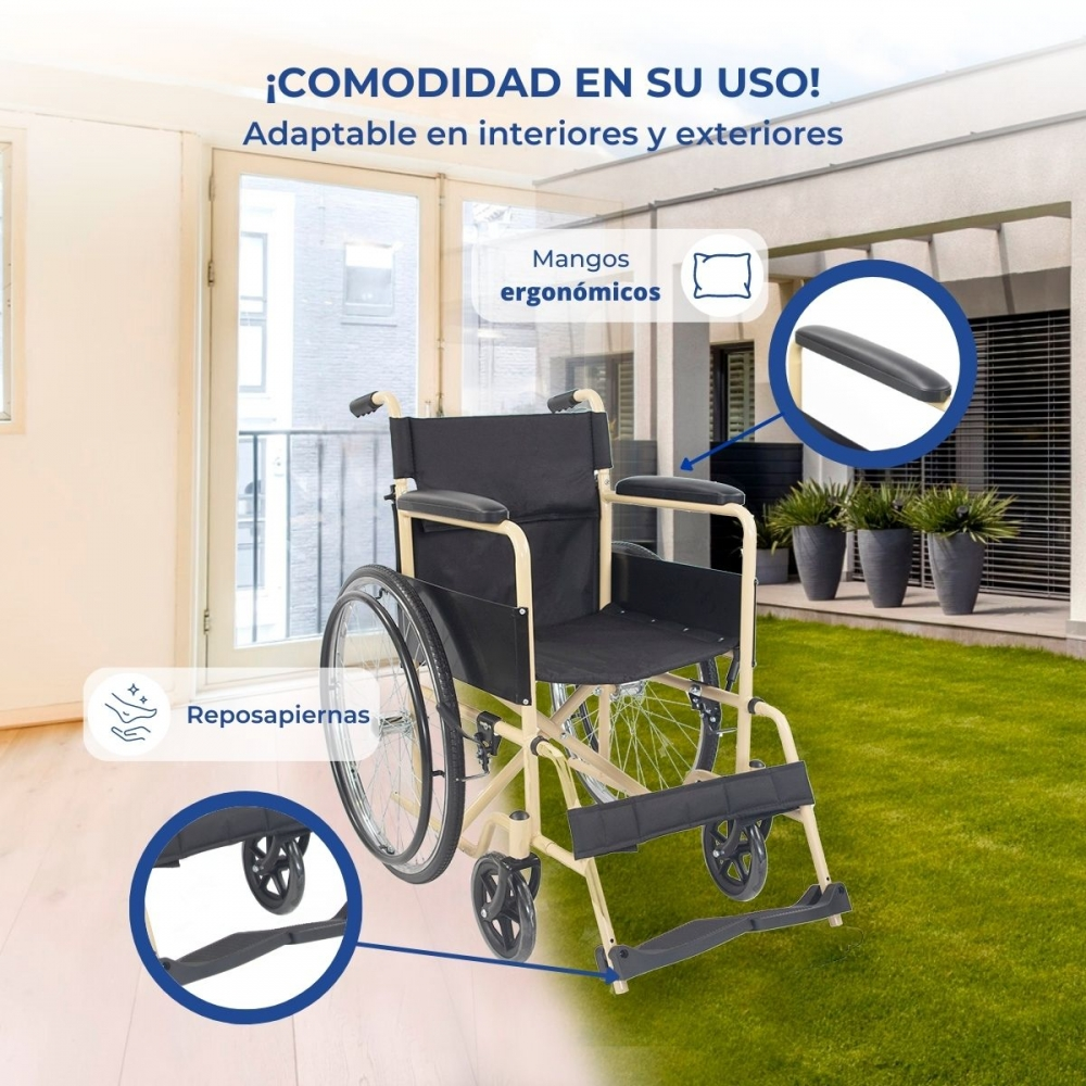Una silla de ruedas ligera con asiento y mangos negros, al aire libre.