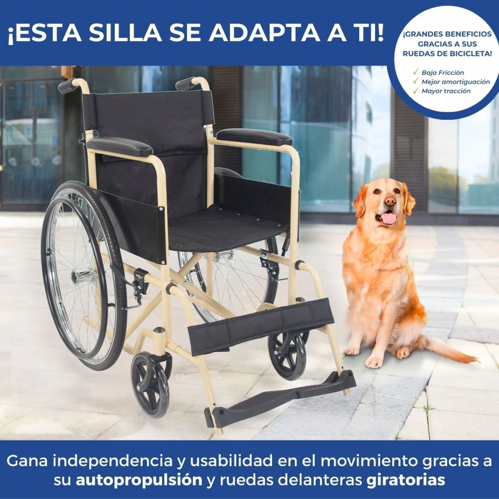 Una silla de ruedas junto a un Golden Retriever sentado frente a un edificio.