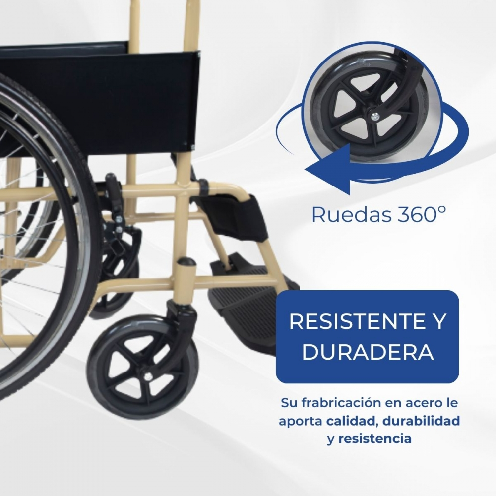 Una silla de ruedas beige con ruedas negras y texto.