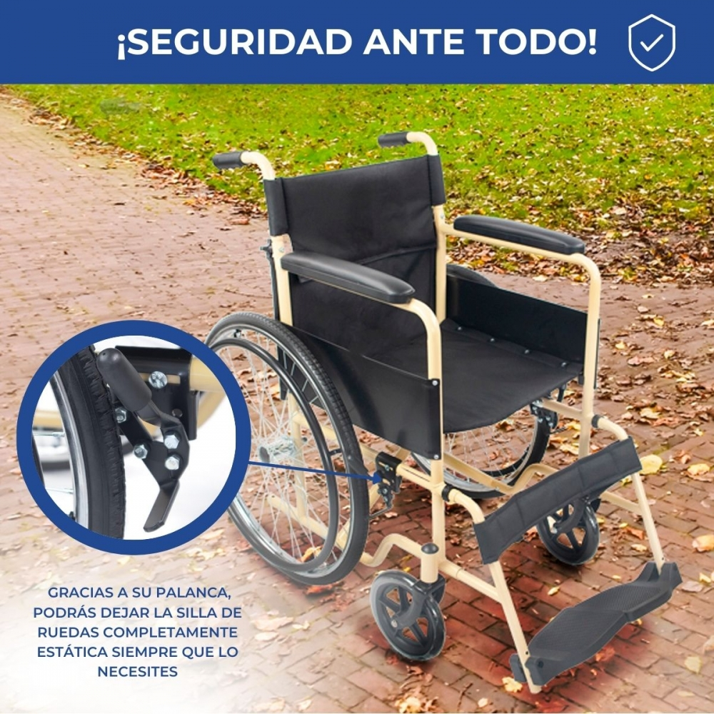 Una silla de ruedas ligera está sobre un camino pavimentado con hojas.