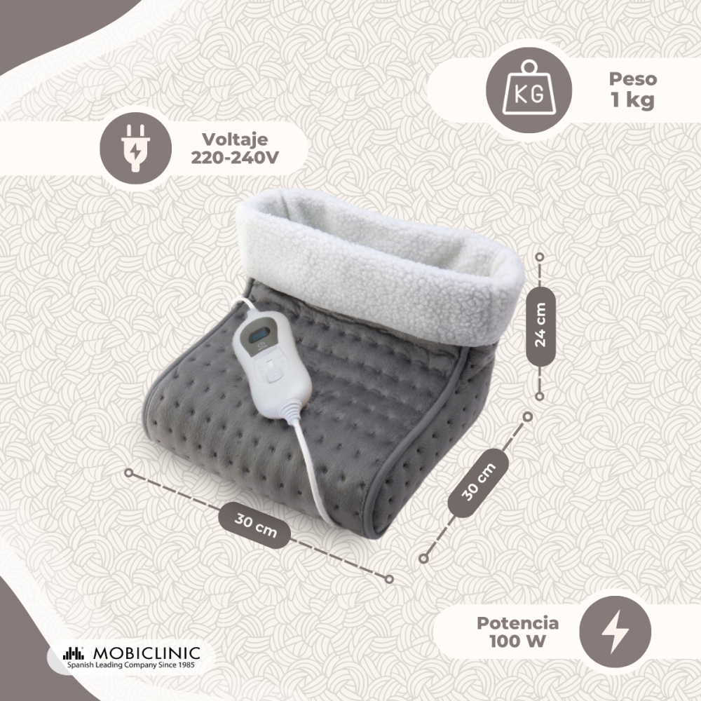 Manta eléctrica gris con borde blanco, control y medidas.