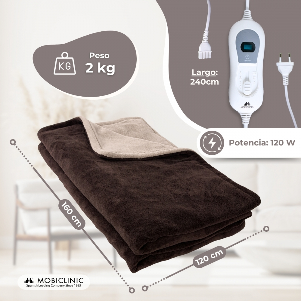 Manta eléctrica marrón y beige: 160x120 cm, 2 kg, 240 cm largo, 120 W.