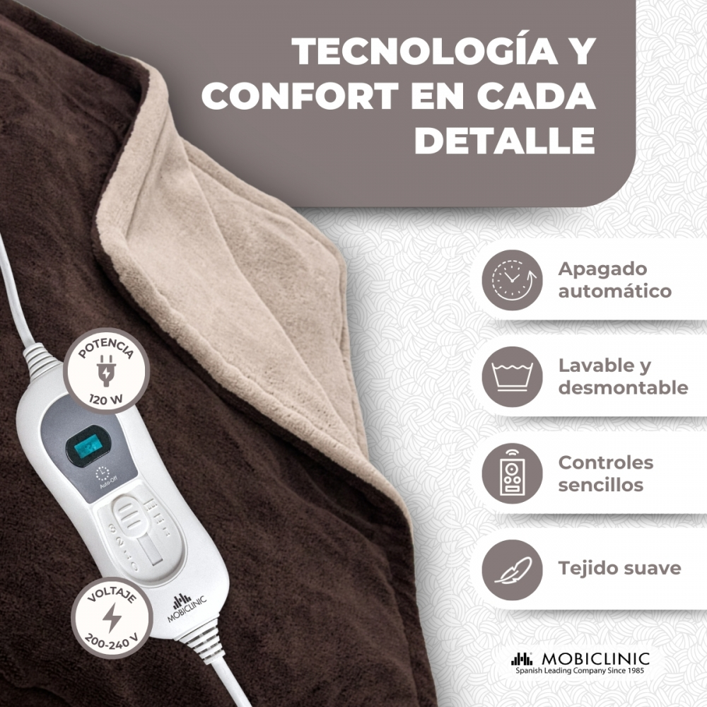 Manta térmica marrón con controlador blanco, 120W, 200-240V, con iconos.