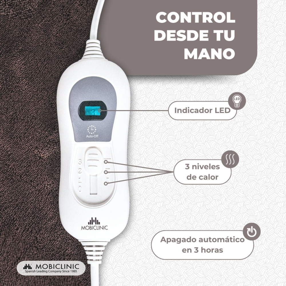 Unidad de control blanca con pantalla LED, 3 niveles de calor y apagado automático.