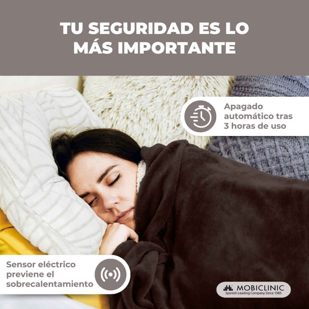 Una mujer duerme bajo una manta marrón, con iconos de seguridad.