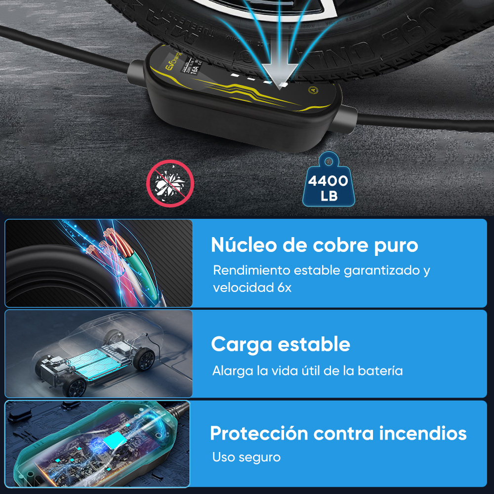 Cargador para coche eléctrico con cable junto a una rueda.