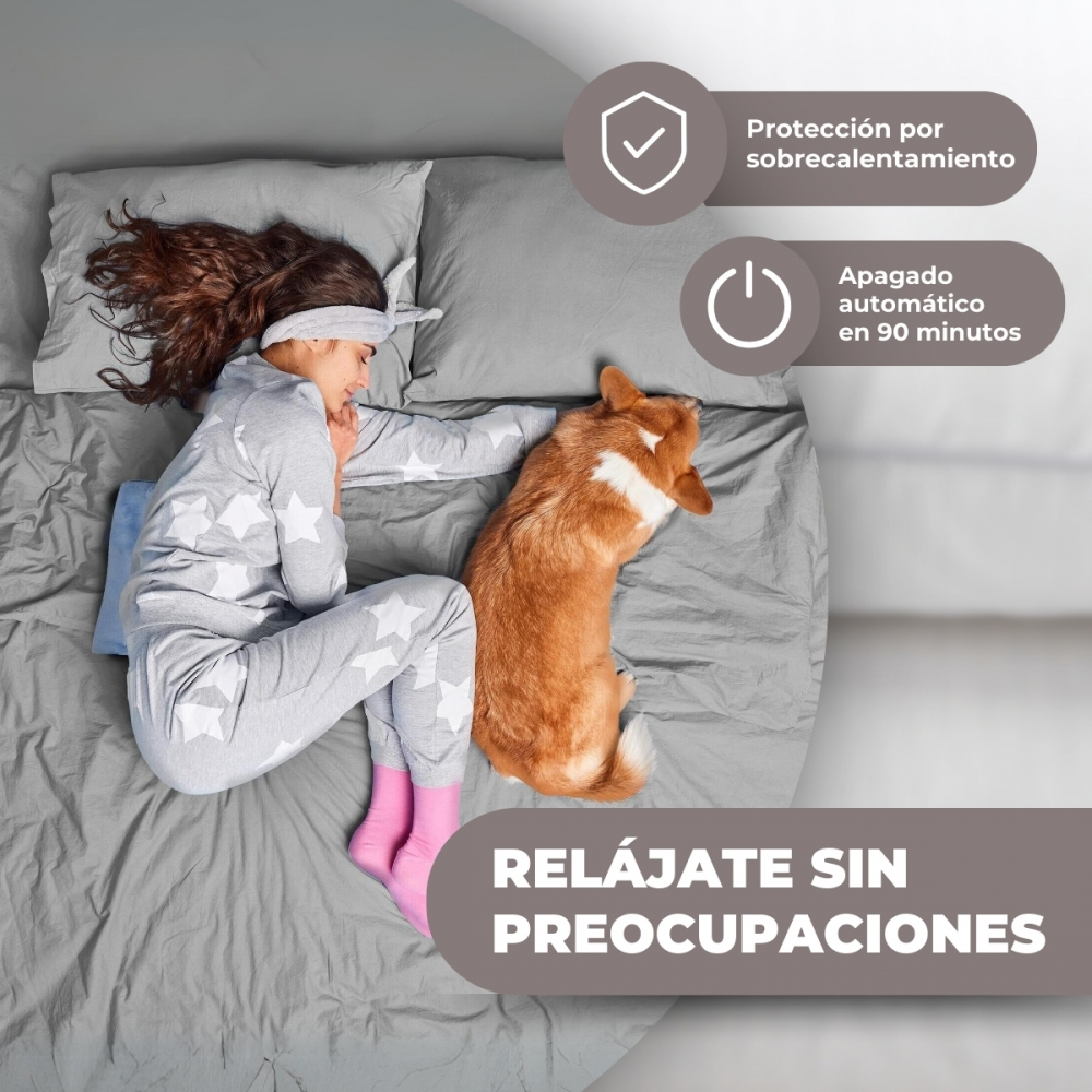 Niña y perro duermen en cama. Protección sobrecalentamiento, apagado auto 90 min.