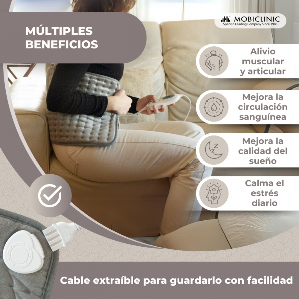 Mujer con almohadilla térmica en el abdomen, promoviendo alivio muscular, circulación y sueño.