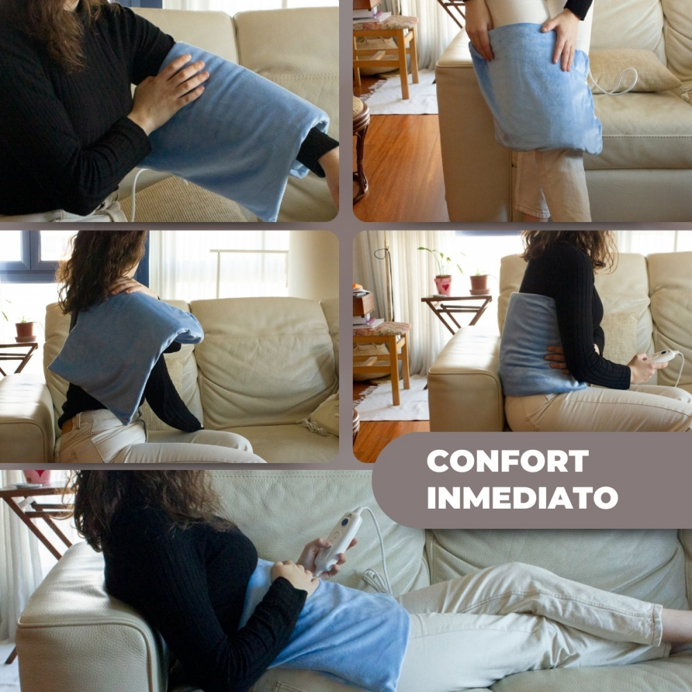 Mujer se calienta el brazo y la espalda con una manta eléctrica azul.