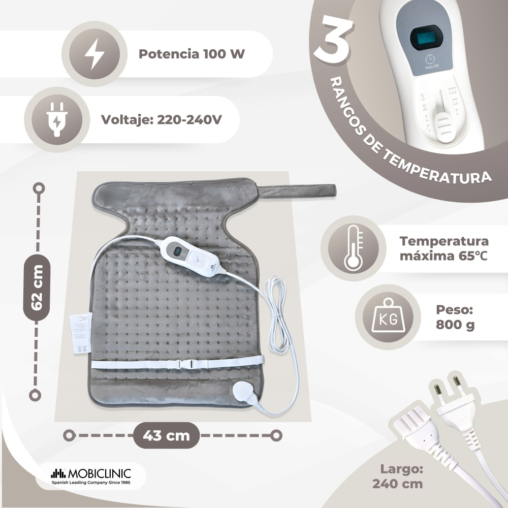 Manta térmica gris con mando, 62x43cm, 100W, 65°C, 800g, cable 240cm.