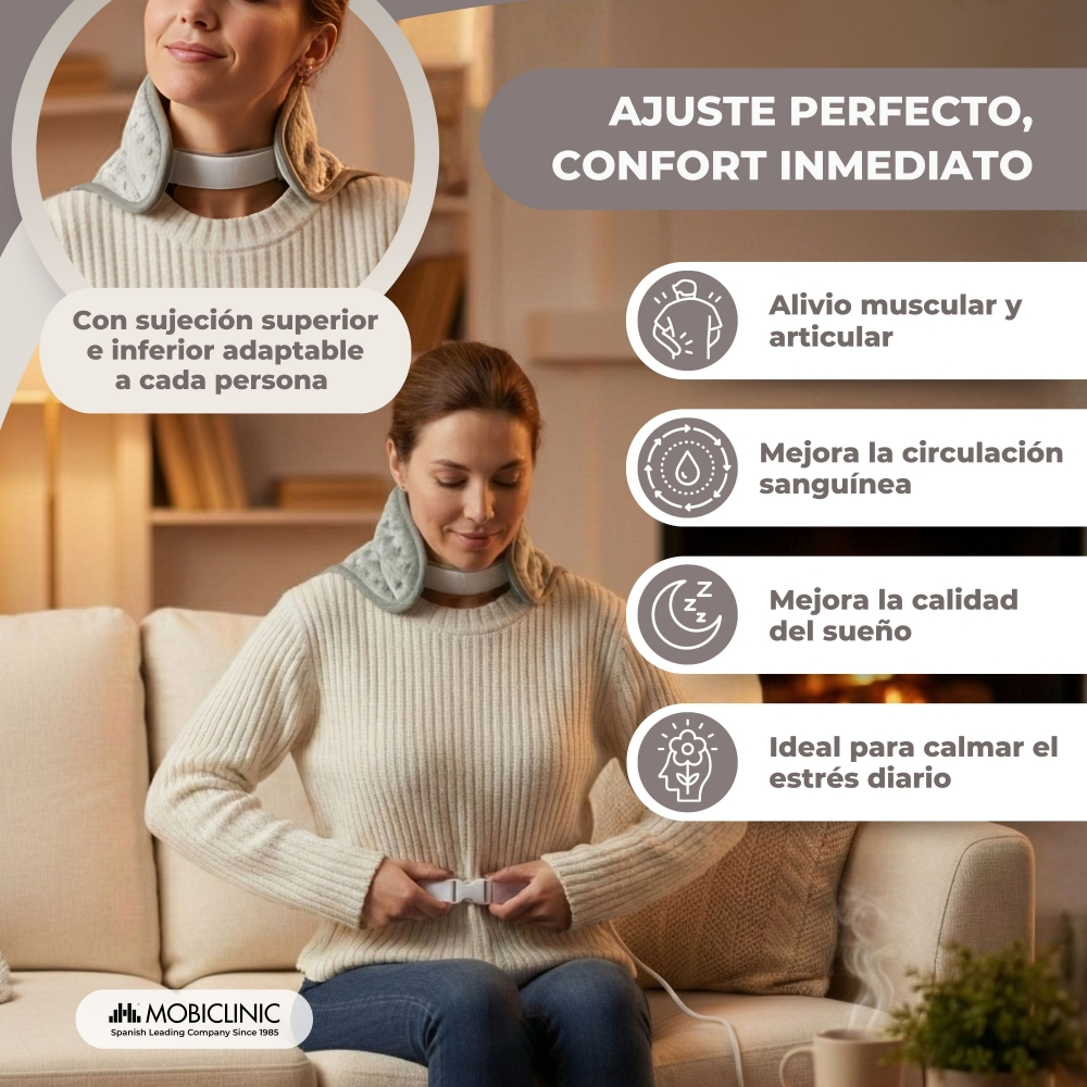 Mujer sentada en sofá con almohadilla térmica para cuello; texto sobre confort.