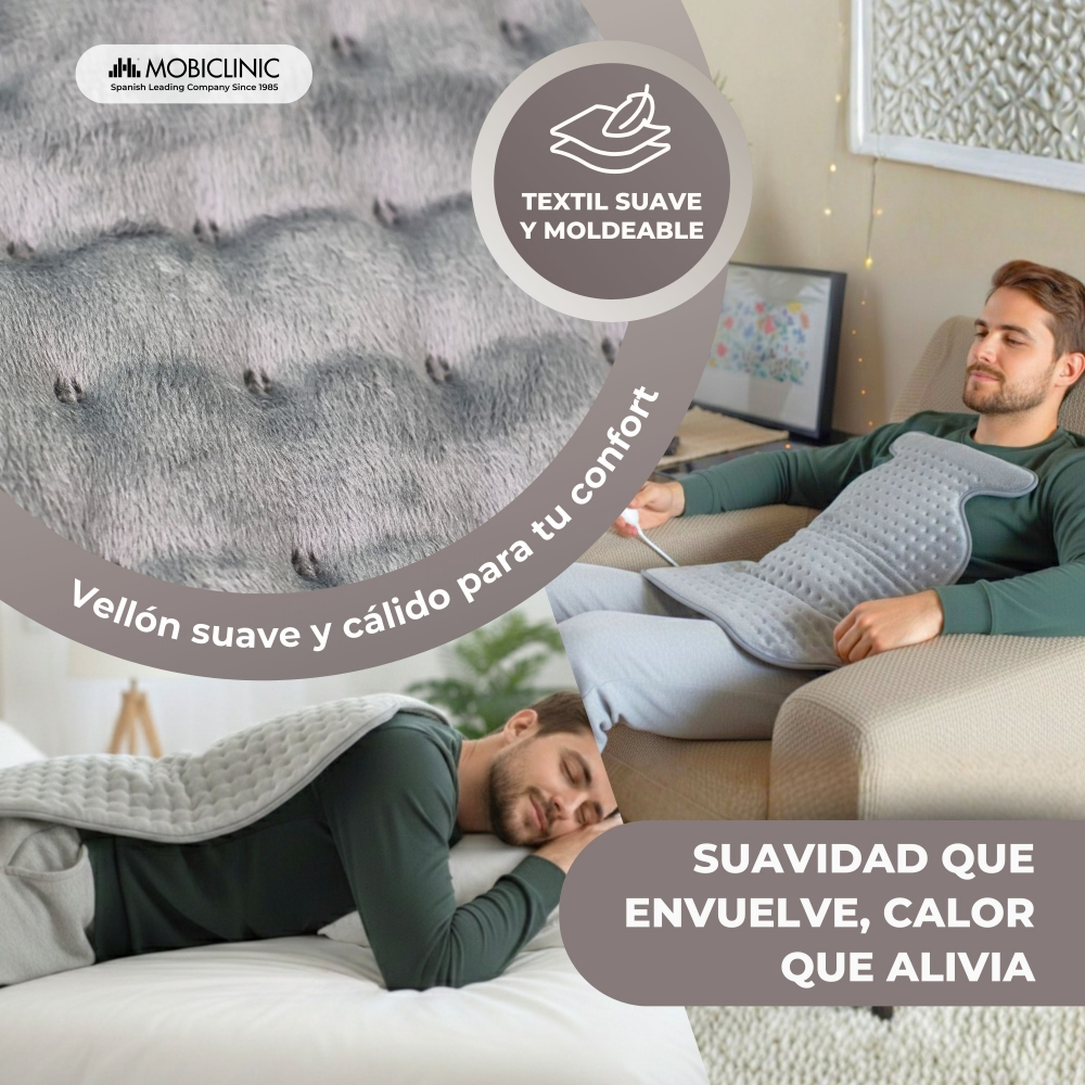 Hombre relajado con manta eléctrica en sofá, primer plano de tela suave.