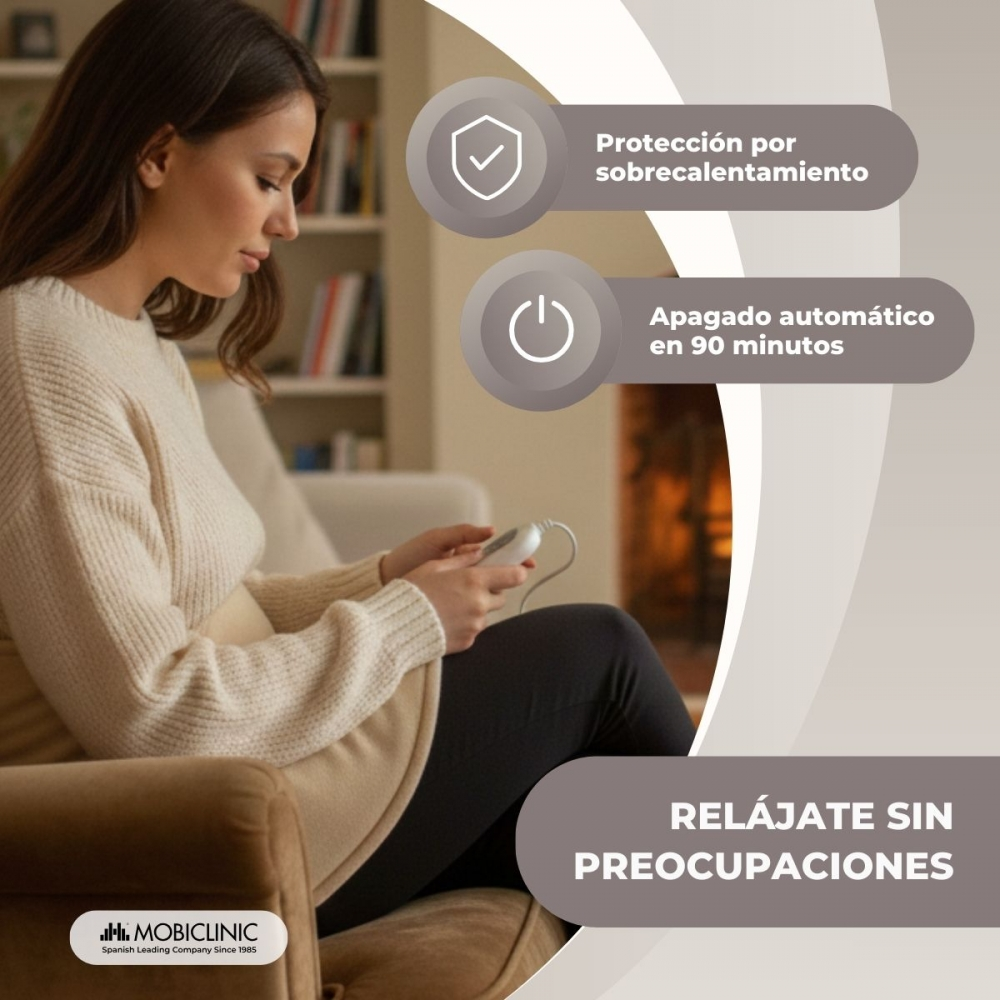 Mujer sostiene un dispositivo, con iconos de protección contra sobrecalentamiento y temporizador.