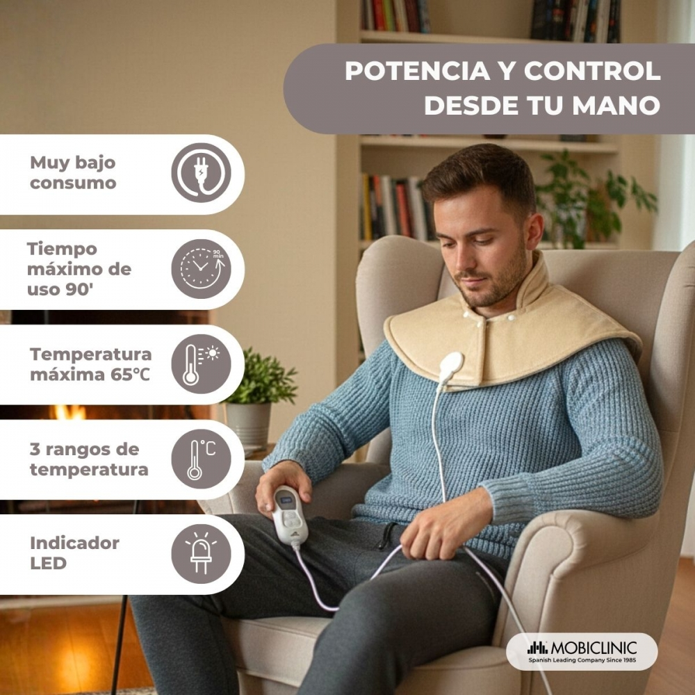 Hombre sentado con collarín térmico conectado a un mando. Características a la izquierda.