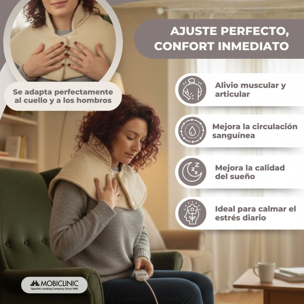 Mujer en sillón con chaleco para cuello beige, alivia dolor y da confort.