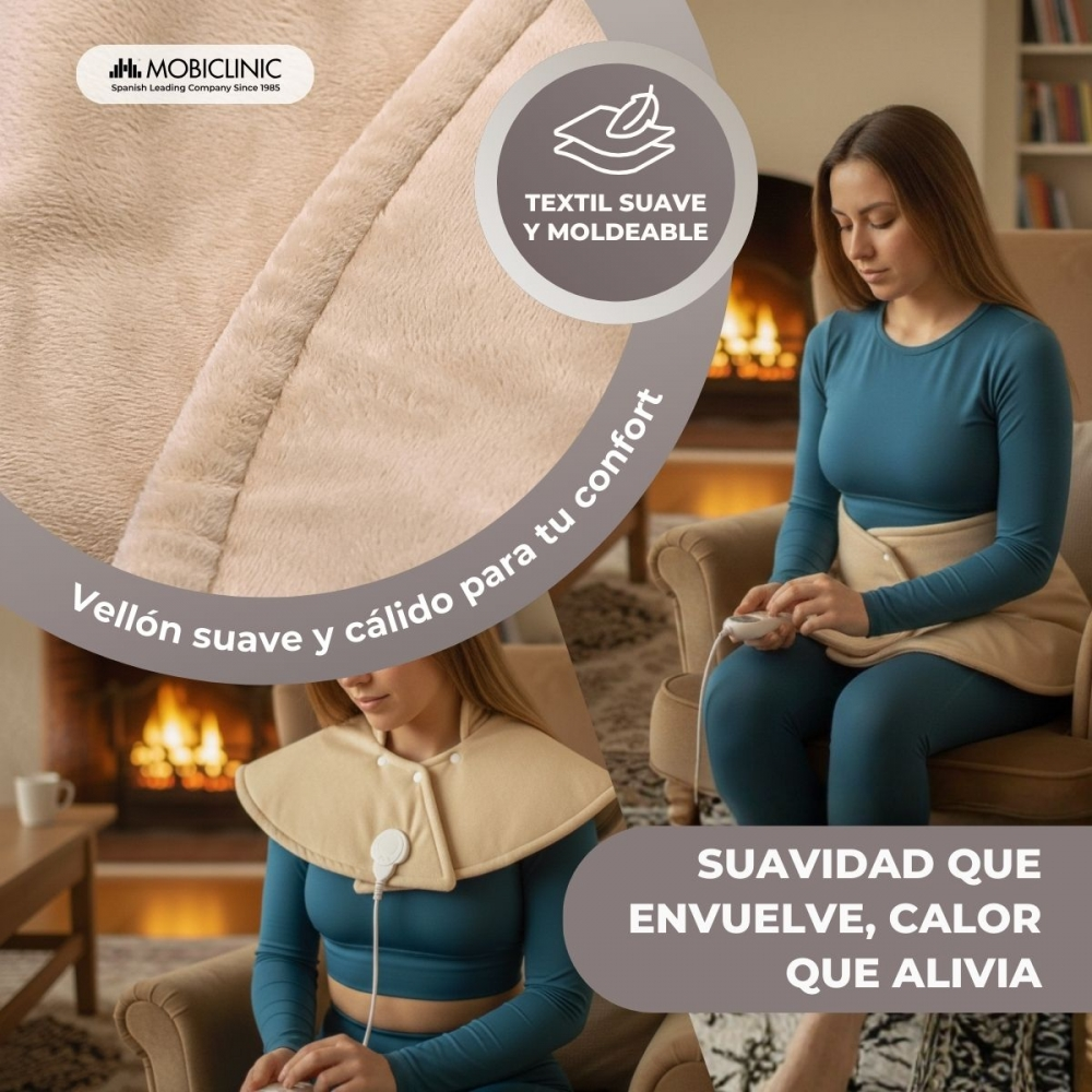Una mujer usa una almohadilla térmica en los hombros, otra en la cintura.