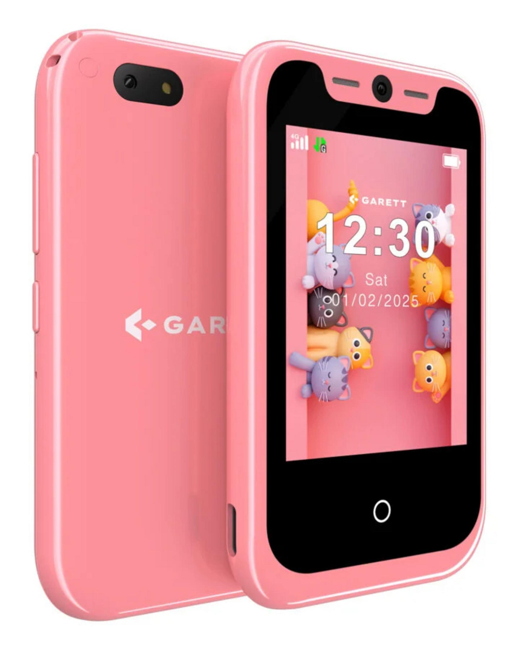 Uno smartphone rosa che mostra le 12:30 e la data 01/02/2025 con gatti.