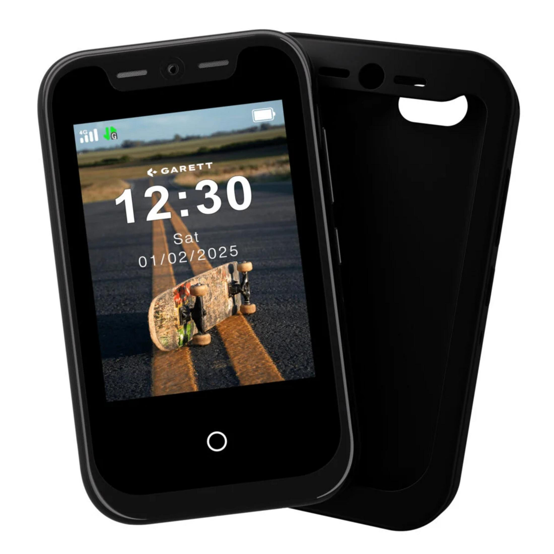 Czarny smartfon z ekranem blokady ze skateboardem. Czarna obudowa po prawej.