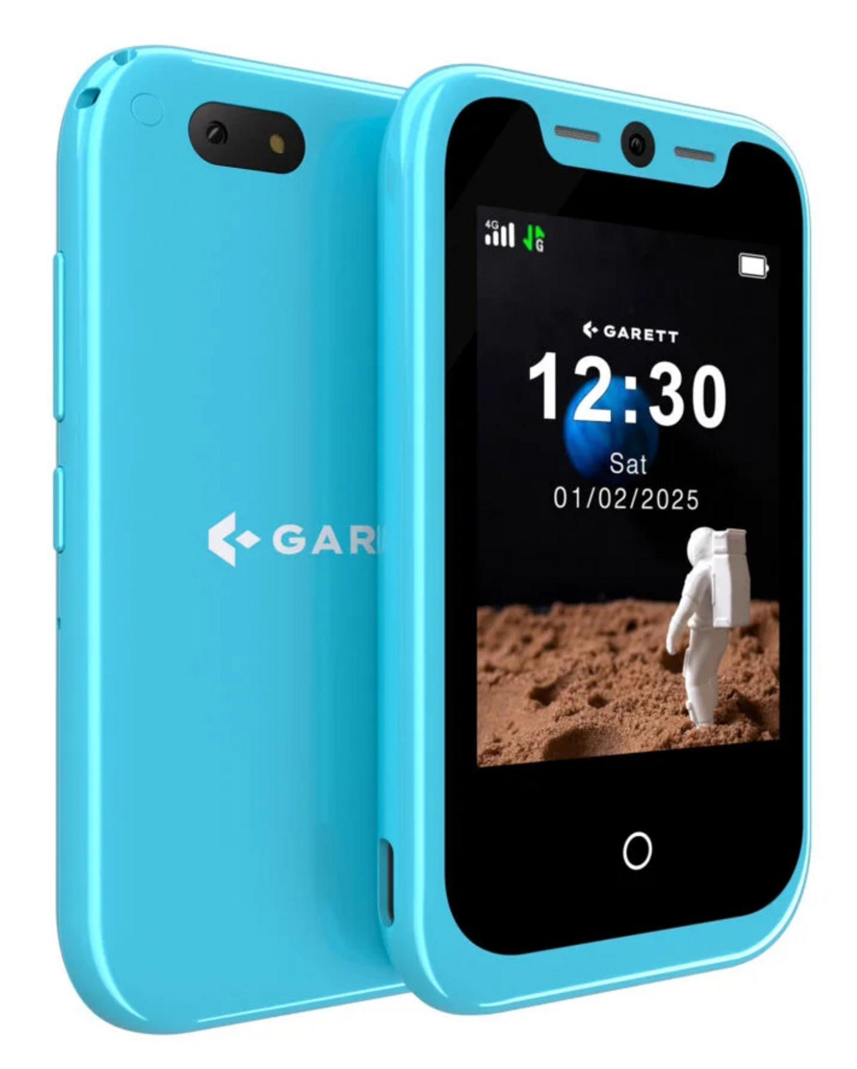 Uno smartphone blu acceso mostra le 12:30 e un astronauta sulla luna.