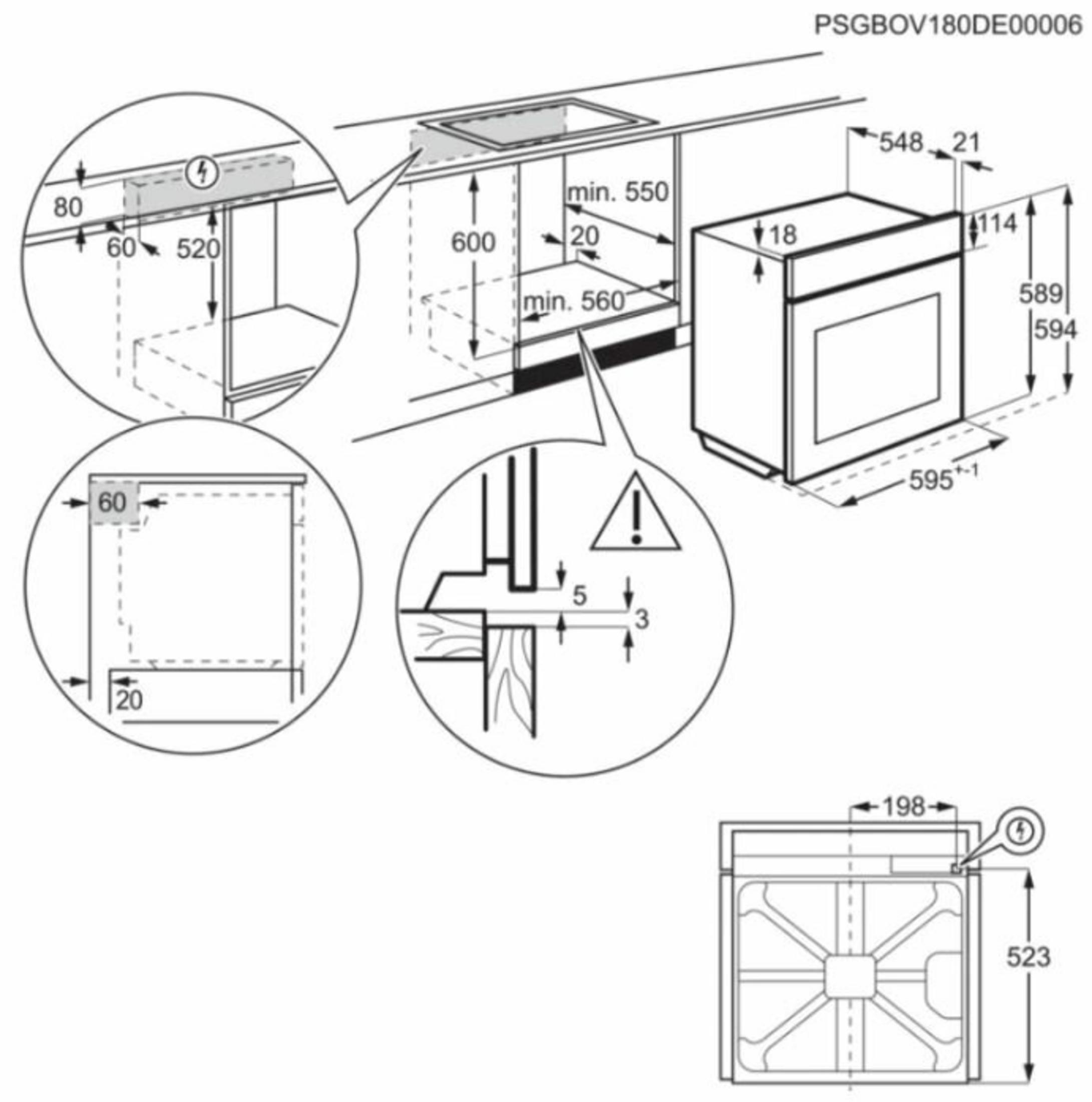 Rysunek techniczny piekarnika do zabudowy z wymiarami i detalami.